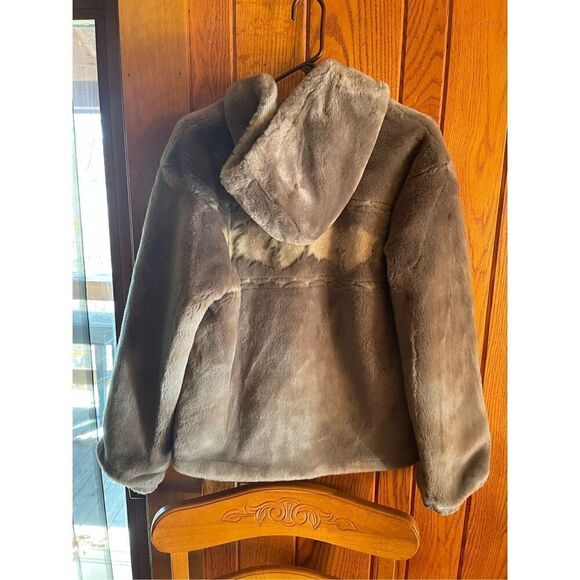Vintage Woolrich Plush Gray Hooded Tumblewood Leaves Faux Fur Jacket Coat Sz M - Picture 7 of 10